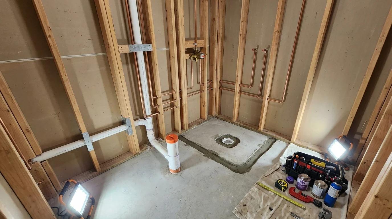 Bathroom rough-in plumbing during remodel by Johns Plumbing LLC in Hooksett