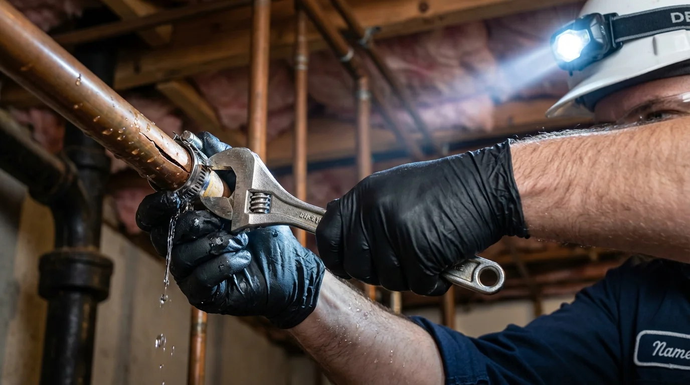 Emergency pipe clamp repair being performed by a Johns Plumbing LLC plumber in Hooksett