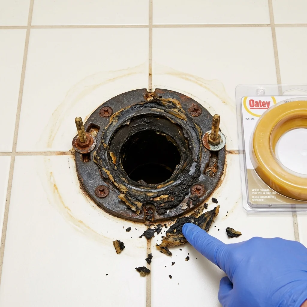 Failed wax ring showing water seepage at the base of a toilet in a Hooksett, NH home