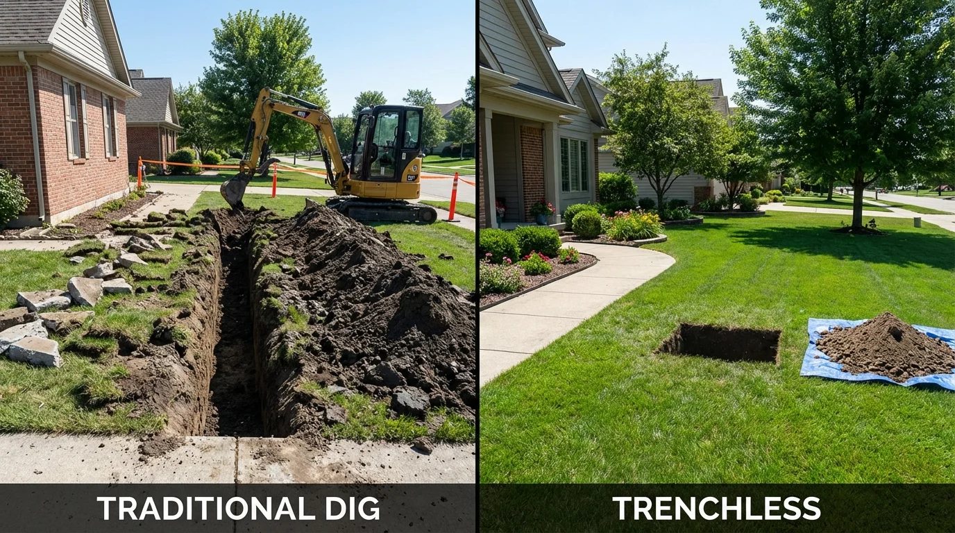 Trenchless sewer repair with minimal yard damage versus traditional excavation in Hooksett, NH