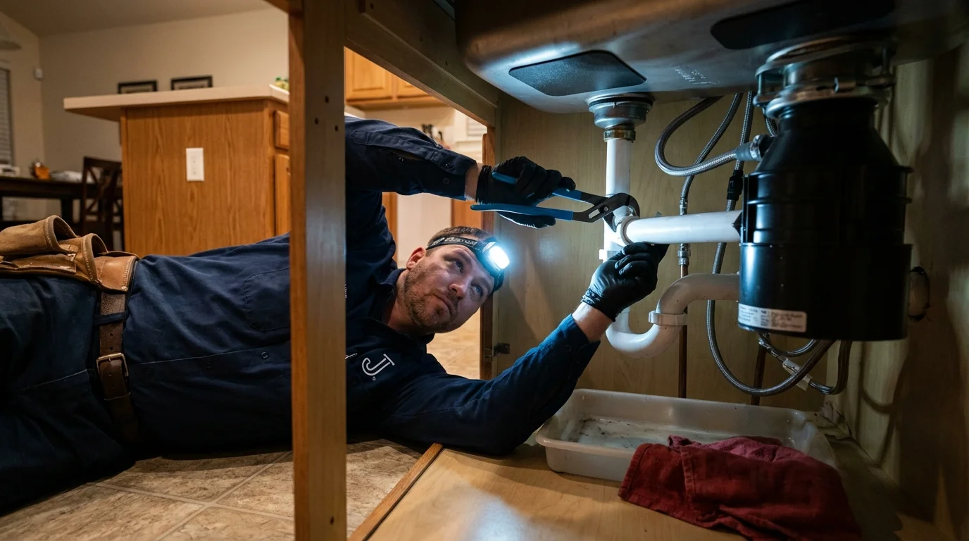 P-trap and supply line connections under a kitchen sink showing a common leak point in Hooksett, NH